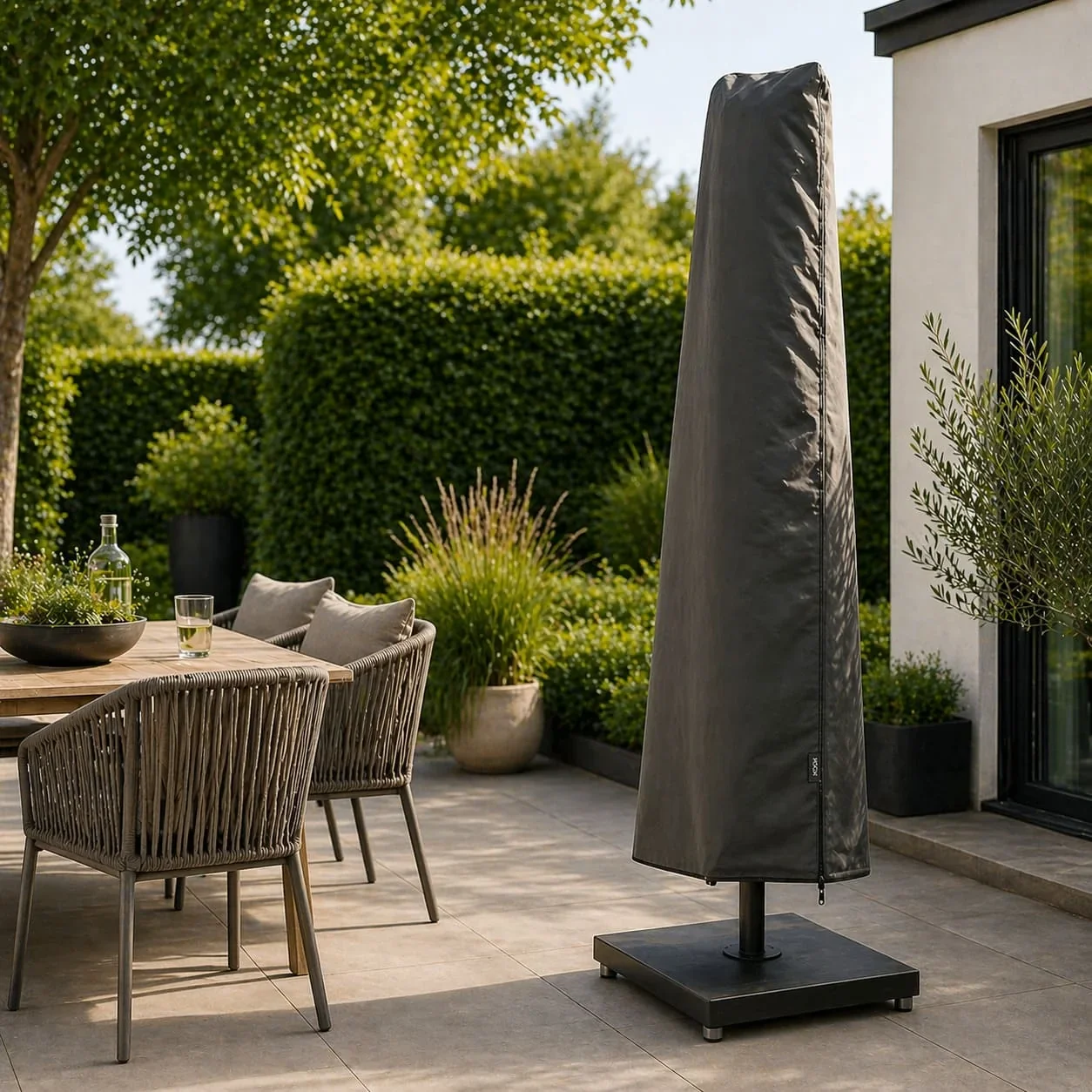Parasol met parasolhoes in een sfeervolle achtertuin
