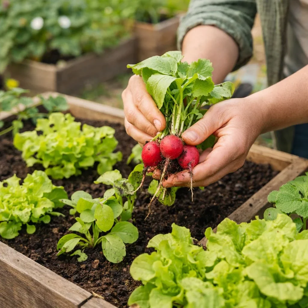 Iemand oogst verse radijs uit een kleine moestuinbak met sla