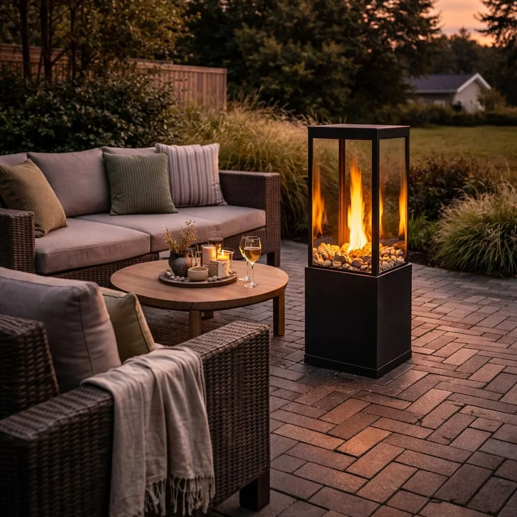 Achtertuin met gaslantaarn in sfeervolle tuinsetting