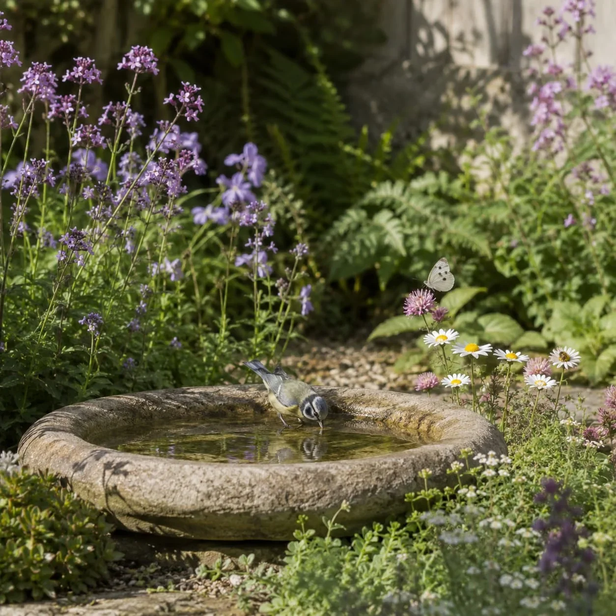 Vogelbad in een biodiverse tuin met bloemen en drinkplek voor vogels