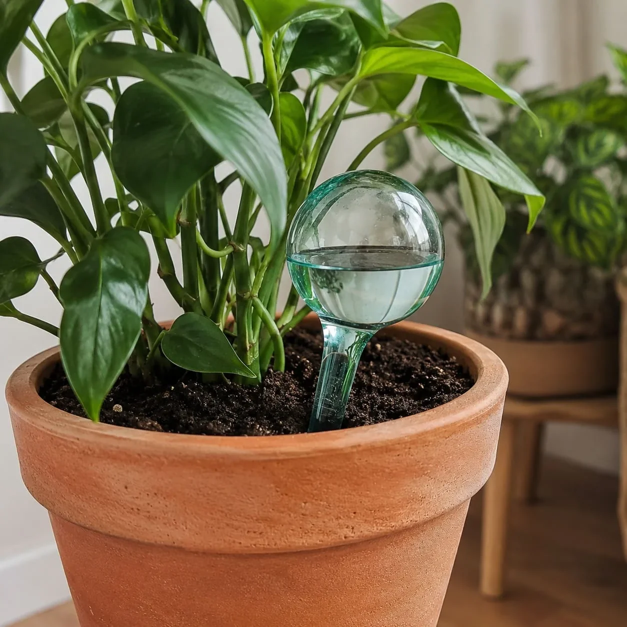 Kamerplant met een waterdruppelaar tijdens vakantie