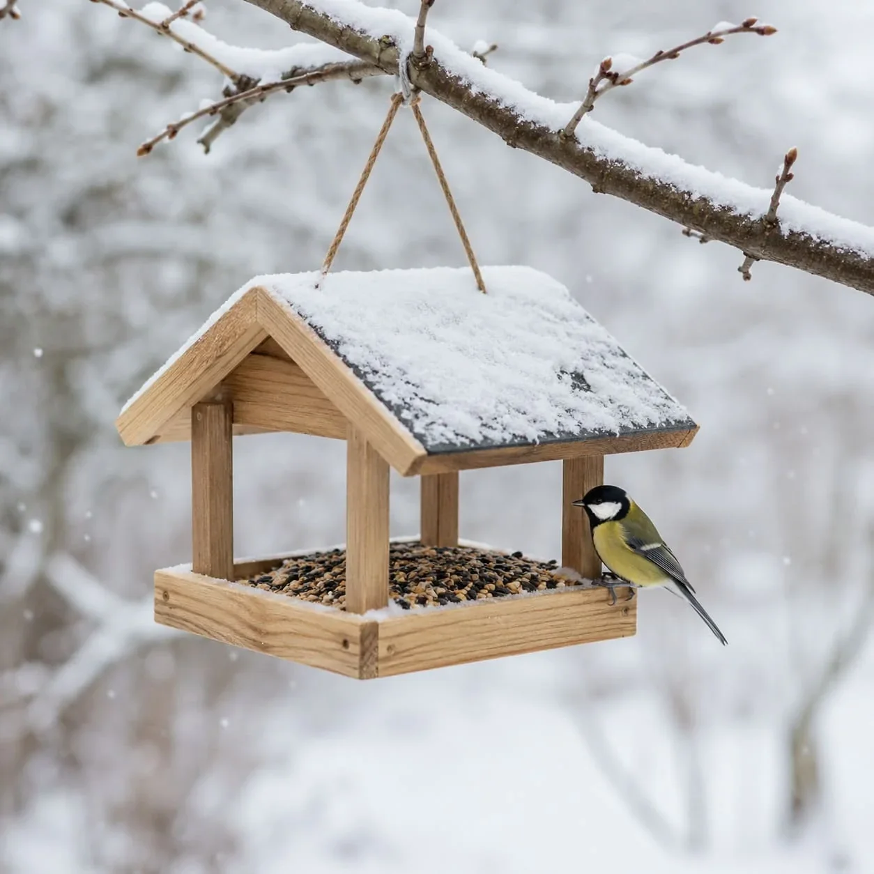 Vogelvoederhuisje in de winter met zaad en mees in besneeuwde tuin