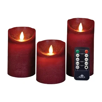 Stompkaars LED Bordeaux Wax Rustiek (3 stuks) met afstandsbediening