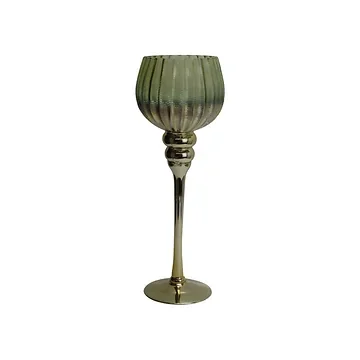 Waxinelichthouder op voet glas groen-goud 13 x 35 cm