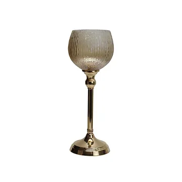 Waxinelichthouder glas op voet metaal goud streep 13 x 35 cm