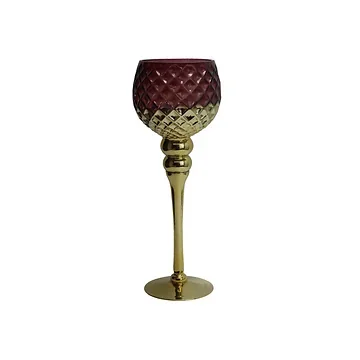 Waxinelichthouder op voet glas wijnrood-goud 13 x 35 cm