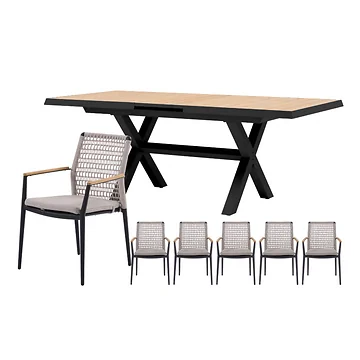Royal Seasons Diningset 6-zits Portland Laag Uitschuifbaar Zwart