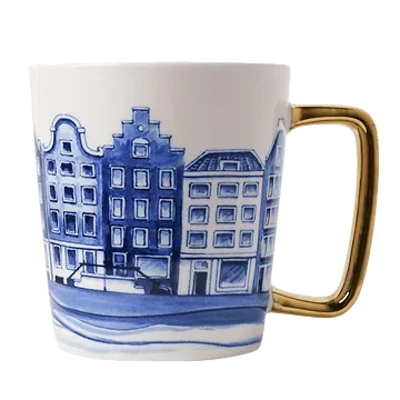 Heinen Delfts Blauw Mok Huisjes Goud