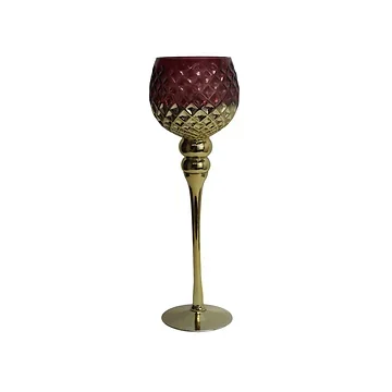 Waxinelichthouder op voet glas wijnrood-goud 13 x 40 cm