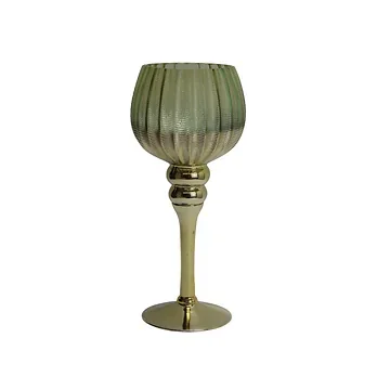 Waxinelichthouder op voet glas groen-goud 13 x 30 cm