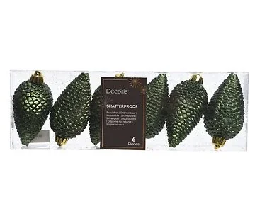 Decoris Dennenappel kunststof glitter groen 6 stuks