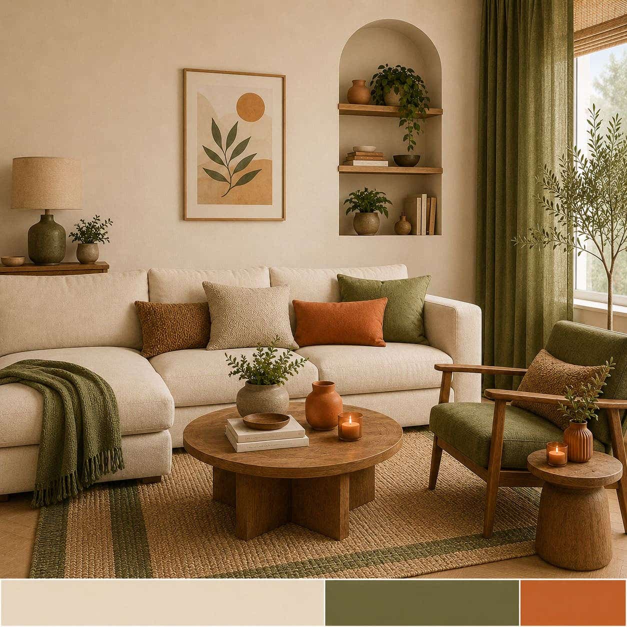 Voorbeeld van de 60-30-10-regel met beige, groen en terracotta in de woonkamer.
