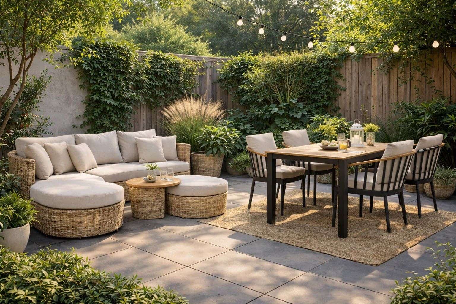 Sfeervolle achtertuin met loungeset en tuinset