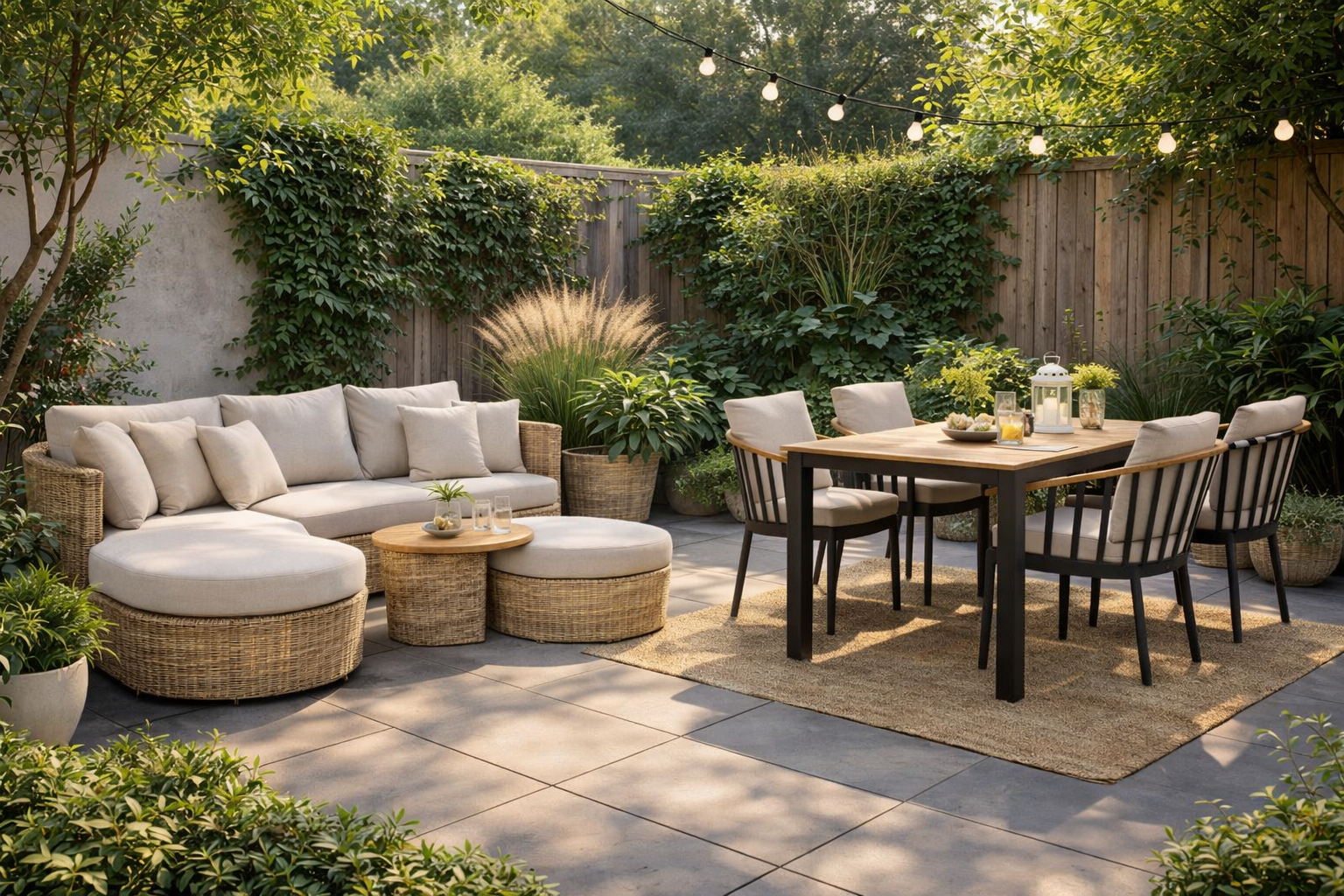 Sfeervolle achtertuin met loungeset en tuinset