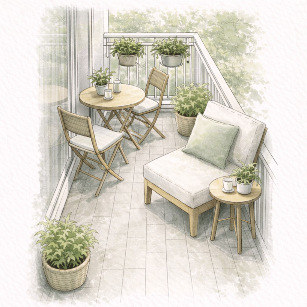 Balkoninriching met bistroset en loungestoel