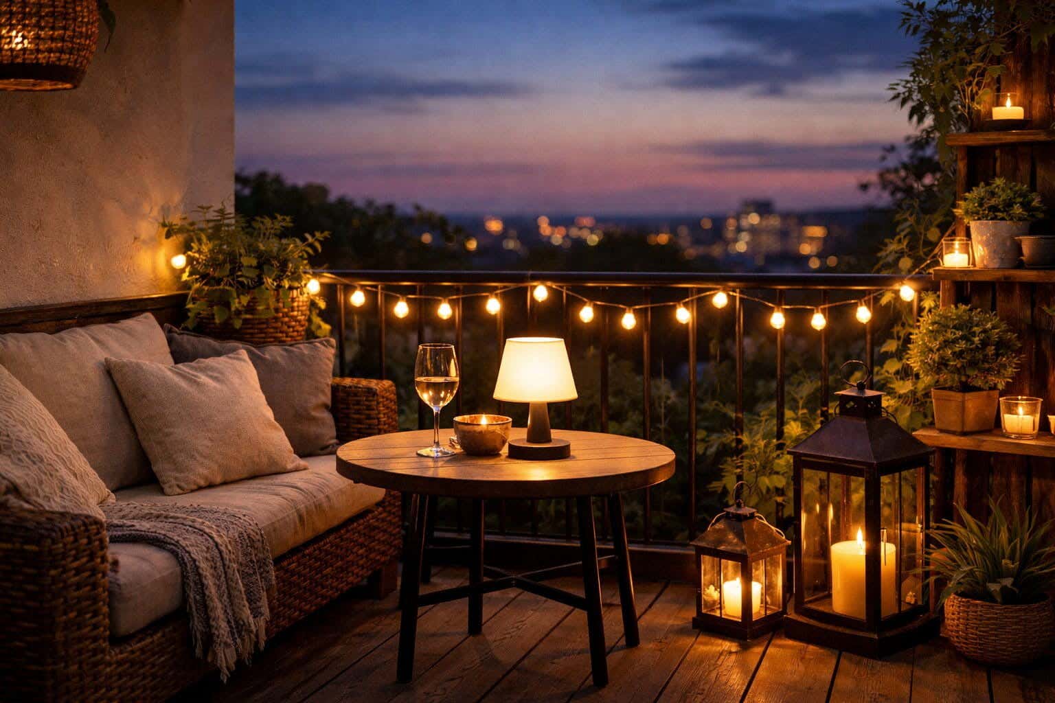 Balkon met gezellige verlichting aan de rails, op de tafel en op de grond