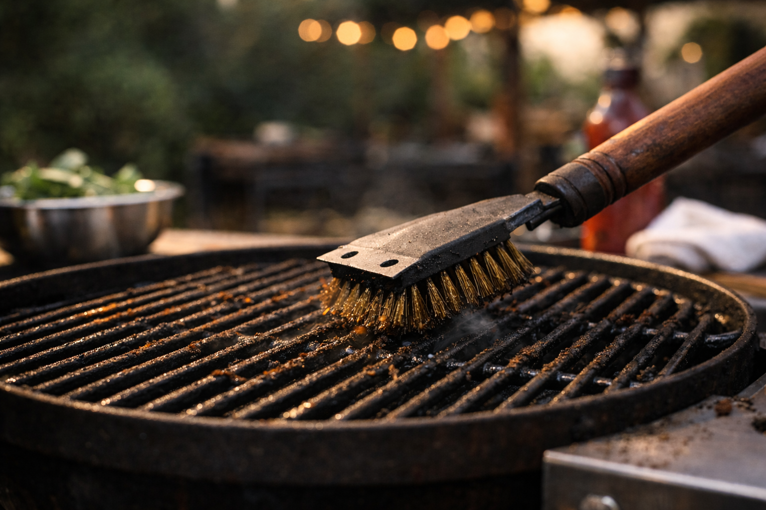 Barbecuerooster die wordt schoongemaakt met een barbecueborstel