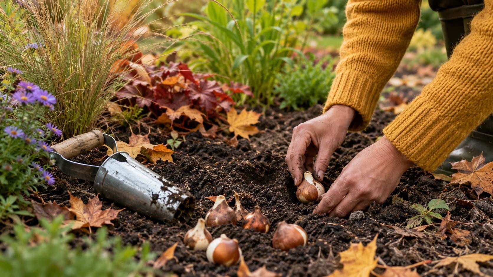 bloembollen planten in de grond met een bollenplanter