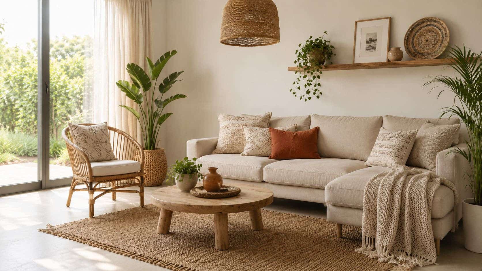 Bohemian interieur met rotan, planten, warme kleuren en zachte kussens