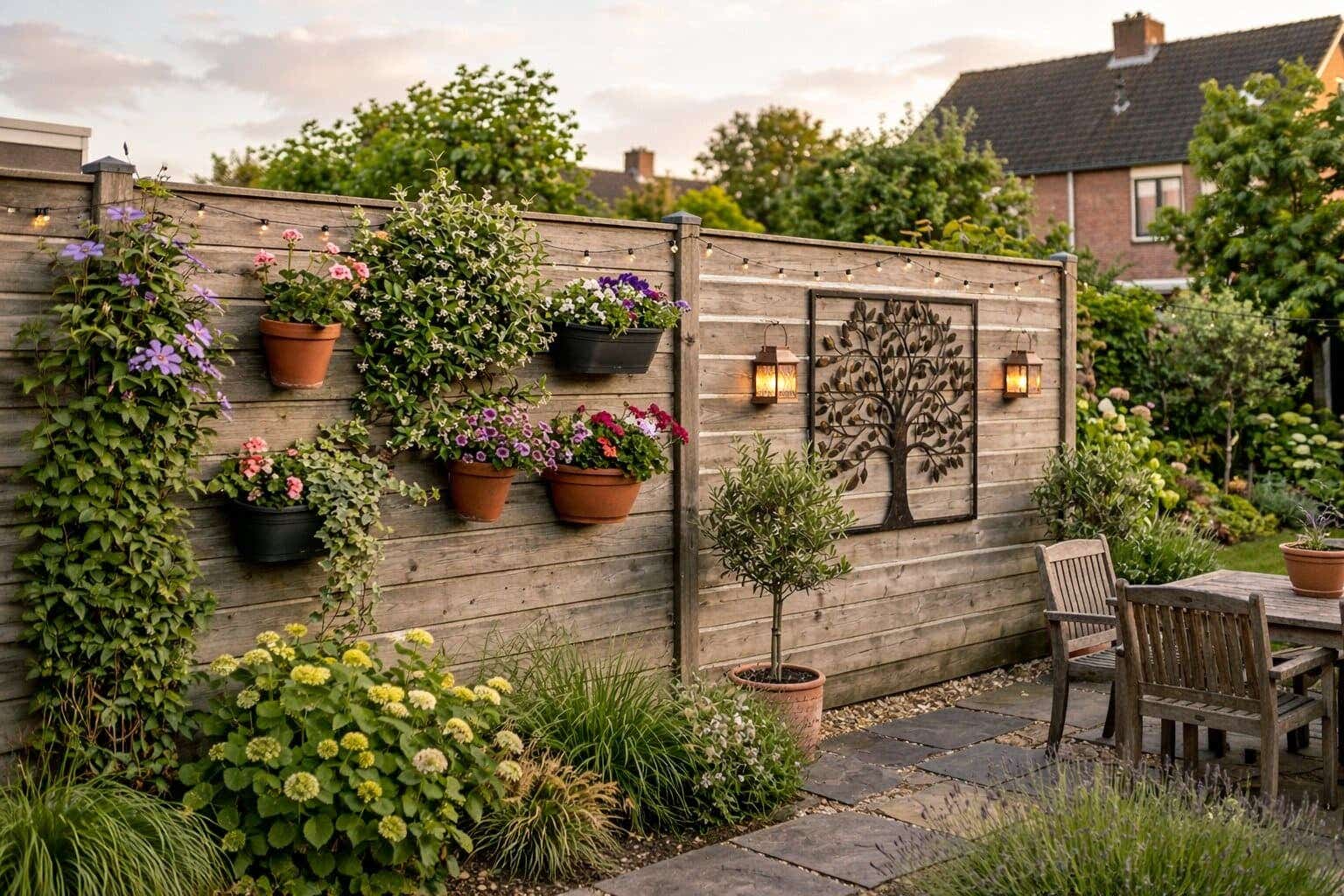 Tuin met creatief gedecoreerde schutting met planten, verlichting en een familieboom