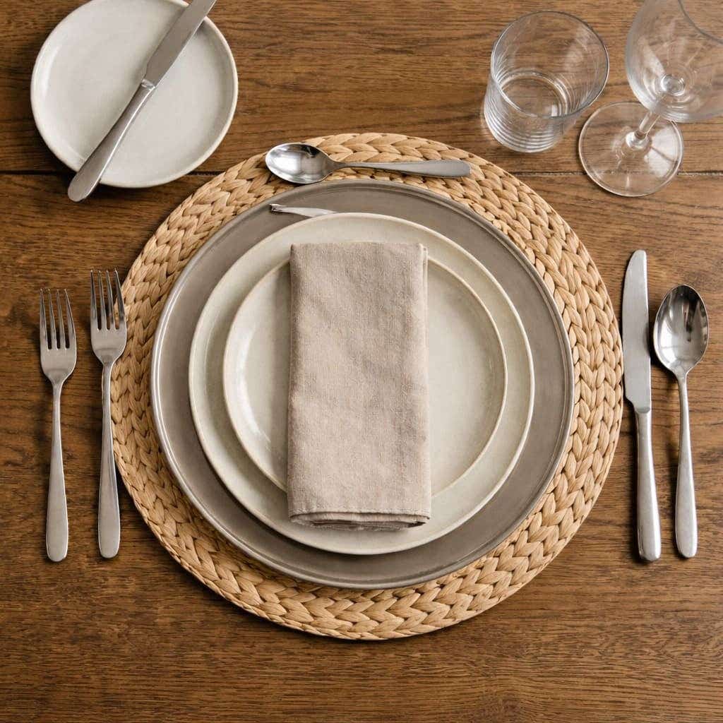 Gedekte tafel volgens de etiquette met bestek glazen en borden