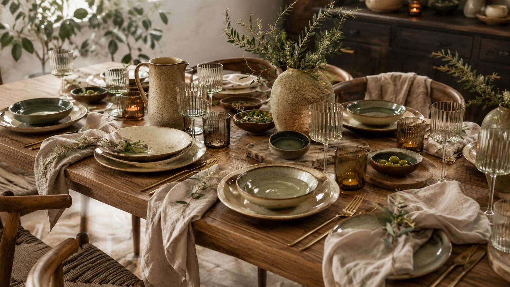 Gedekte tafel met servies trends 2026 in warme kleuren en organische vormen