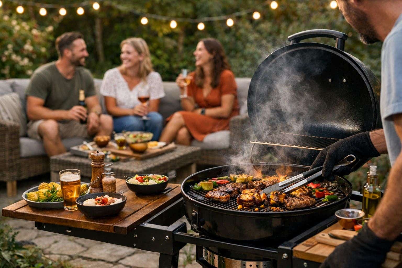 Gezellige tuin met vrienden, waarbij gegrild wordt op een barbecue