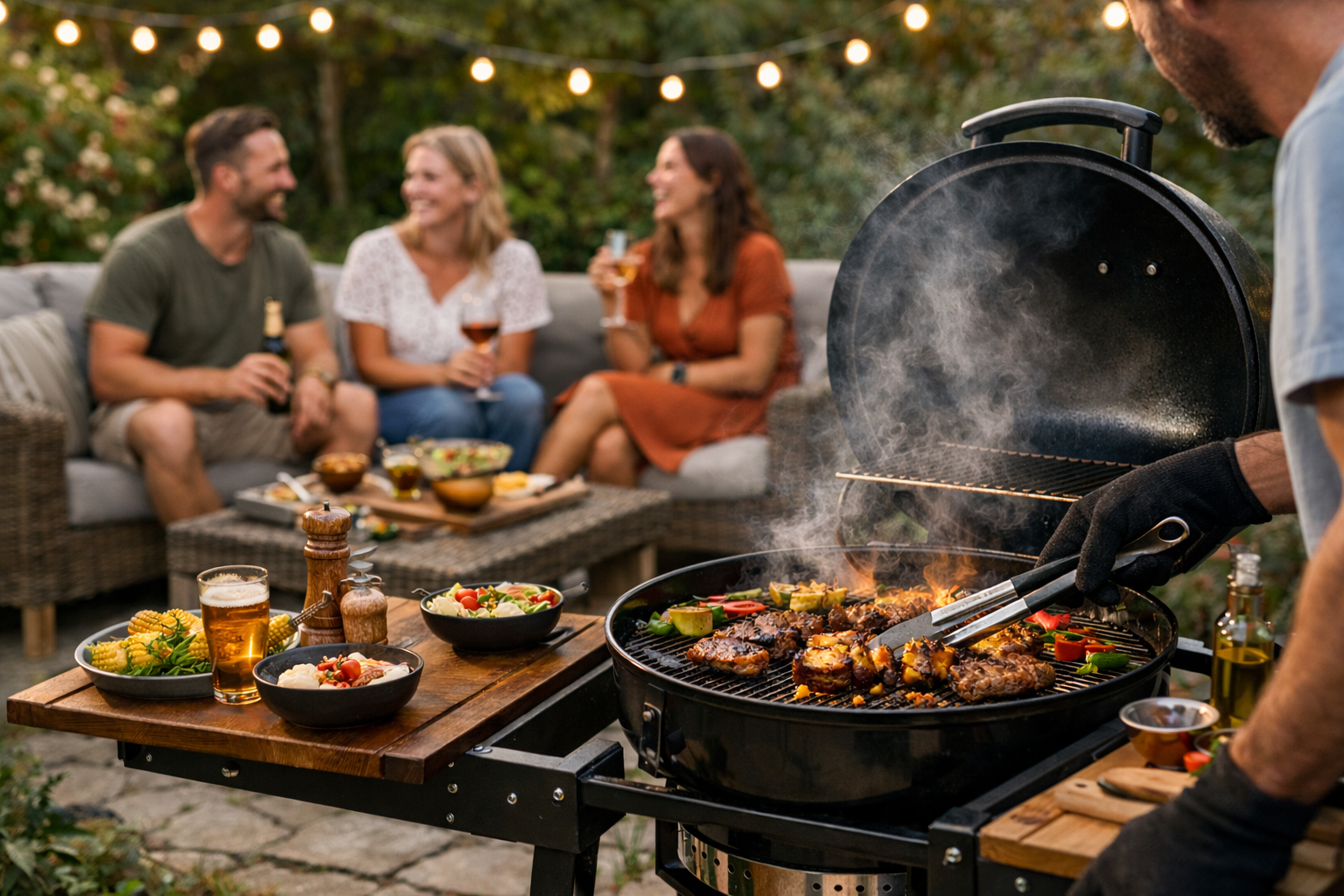 Gezellige tuin met vrienden, waarbij gegrild wordt op een barbecue