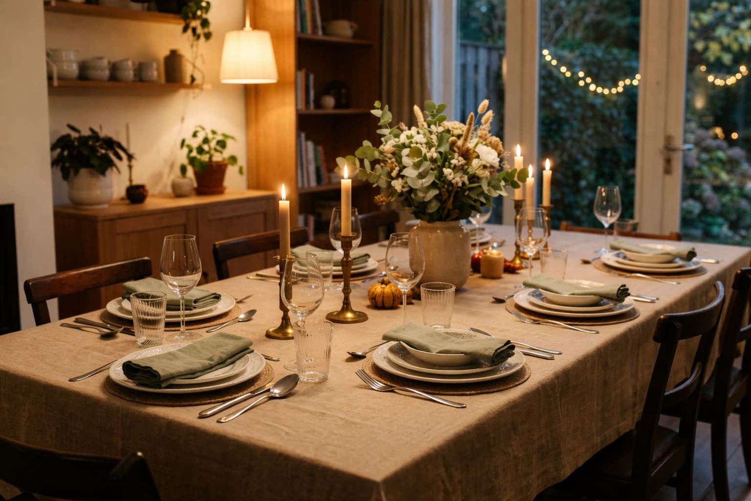 Gezellige eethoek met gedekte tafel volgens de etiquette