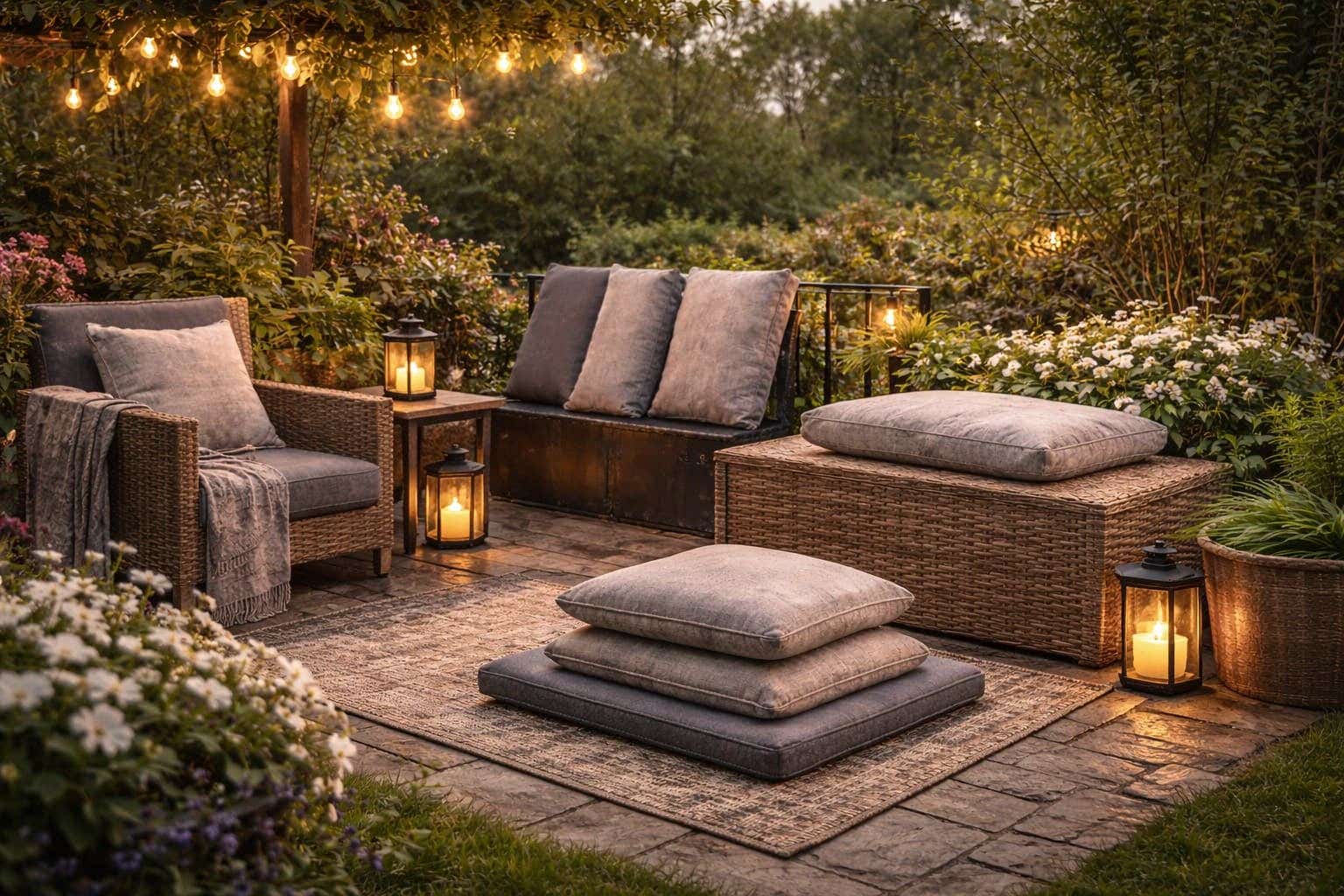 Sfeervolle tuin met veel tuinkussens opgestapeld