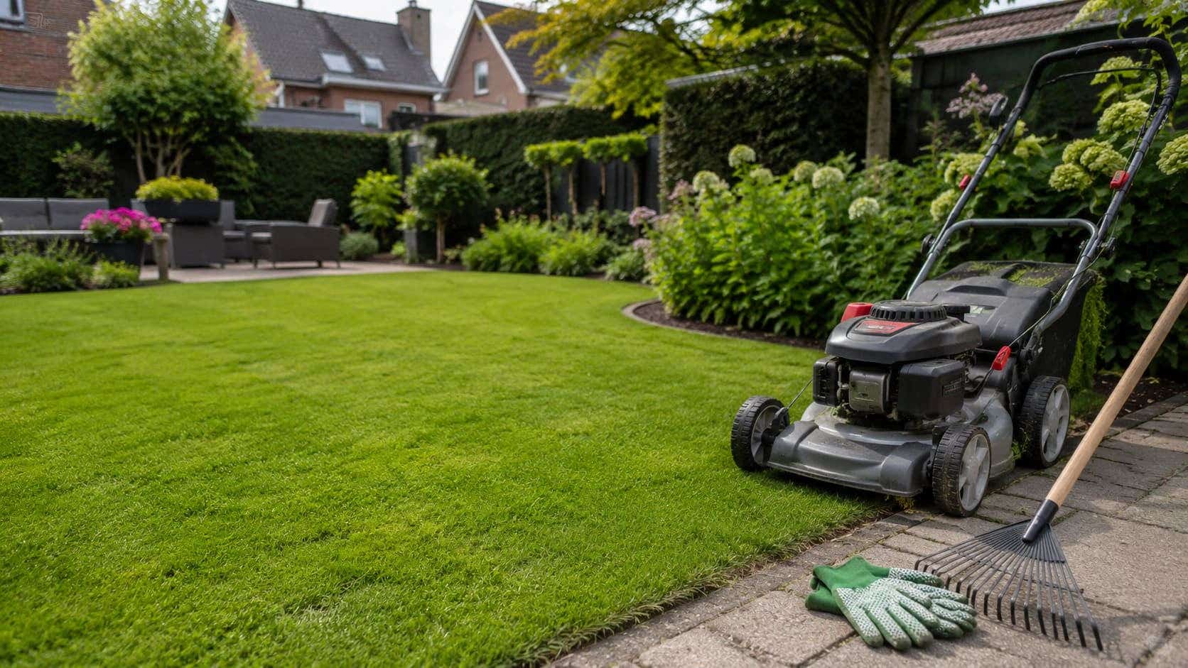 gazon onderhouden met grasmaaier en hark
