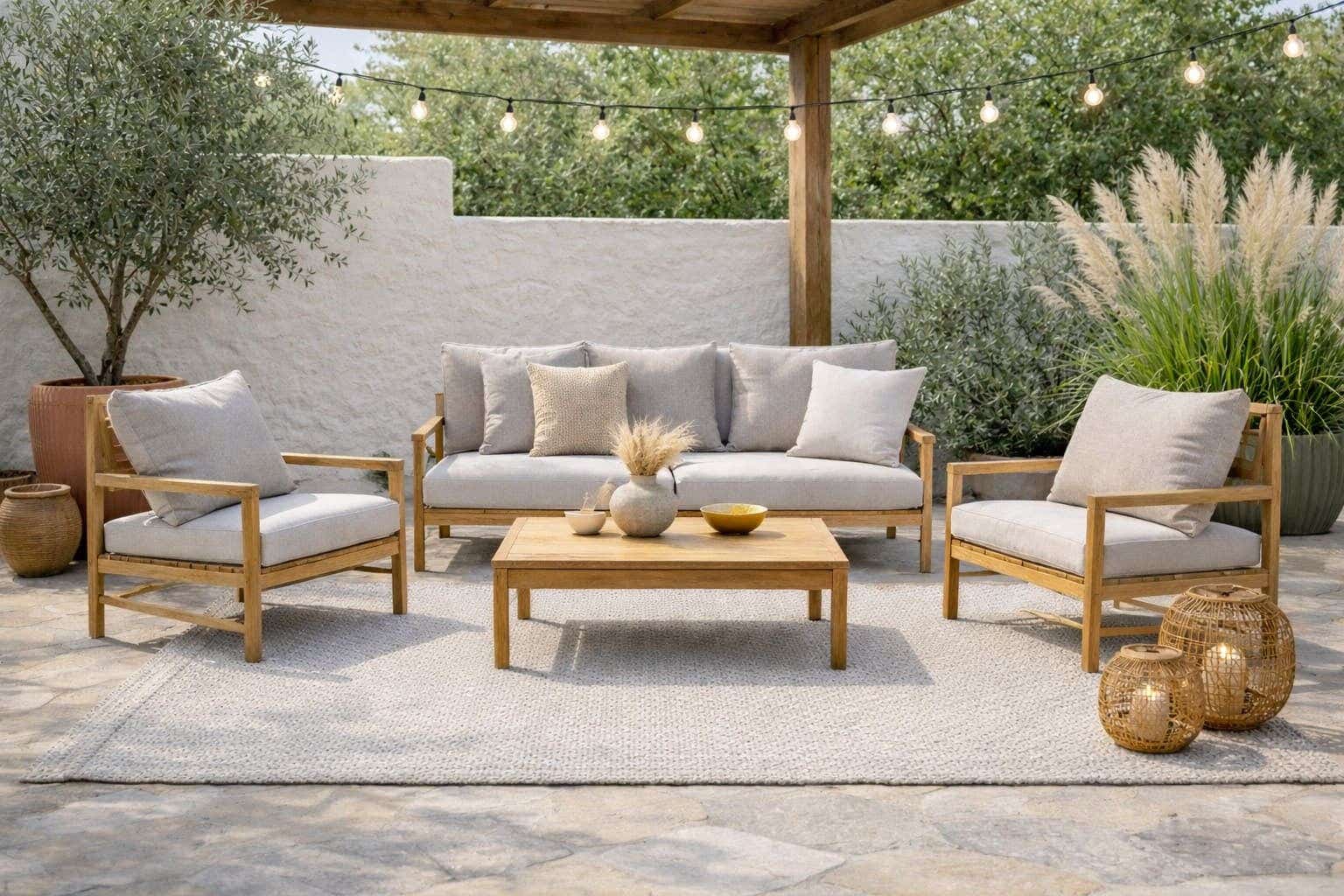 Ibiza-stijl loungehoek met lichte kleuren, natuurlijke materialen en warm sfeerlicht