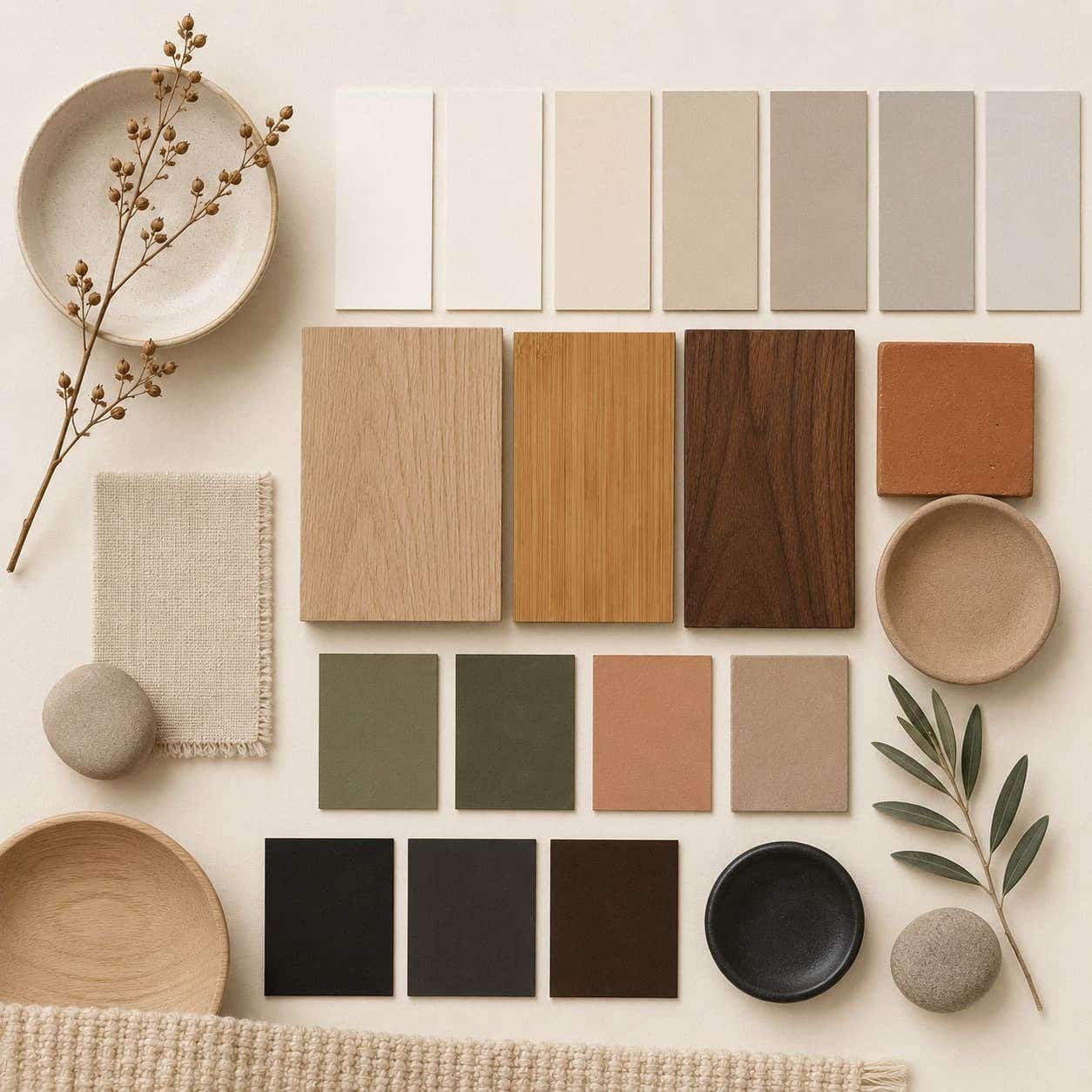 Kleurenpalet voor Japandi interieur met beige, taupe, hout en zwarte accenten.