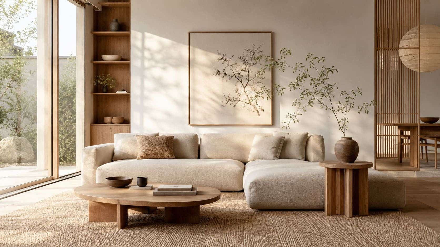 Japandi woonkamer met beige bank, houten meubels en natuurlijke woonaccessoires.