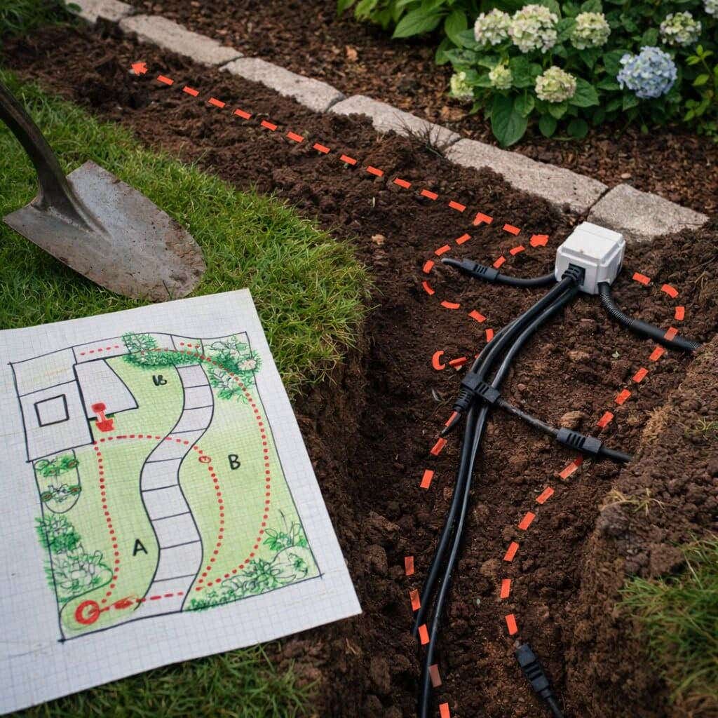 Kabelplan voorbeeld voor tuinverlichtingsplan