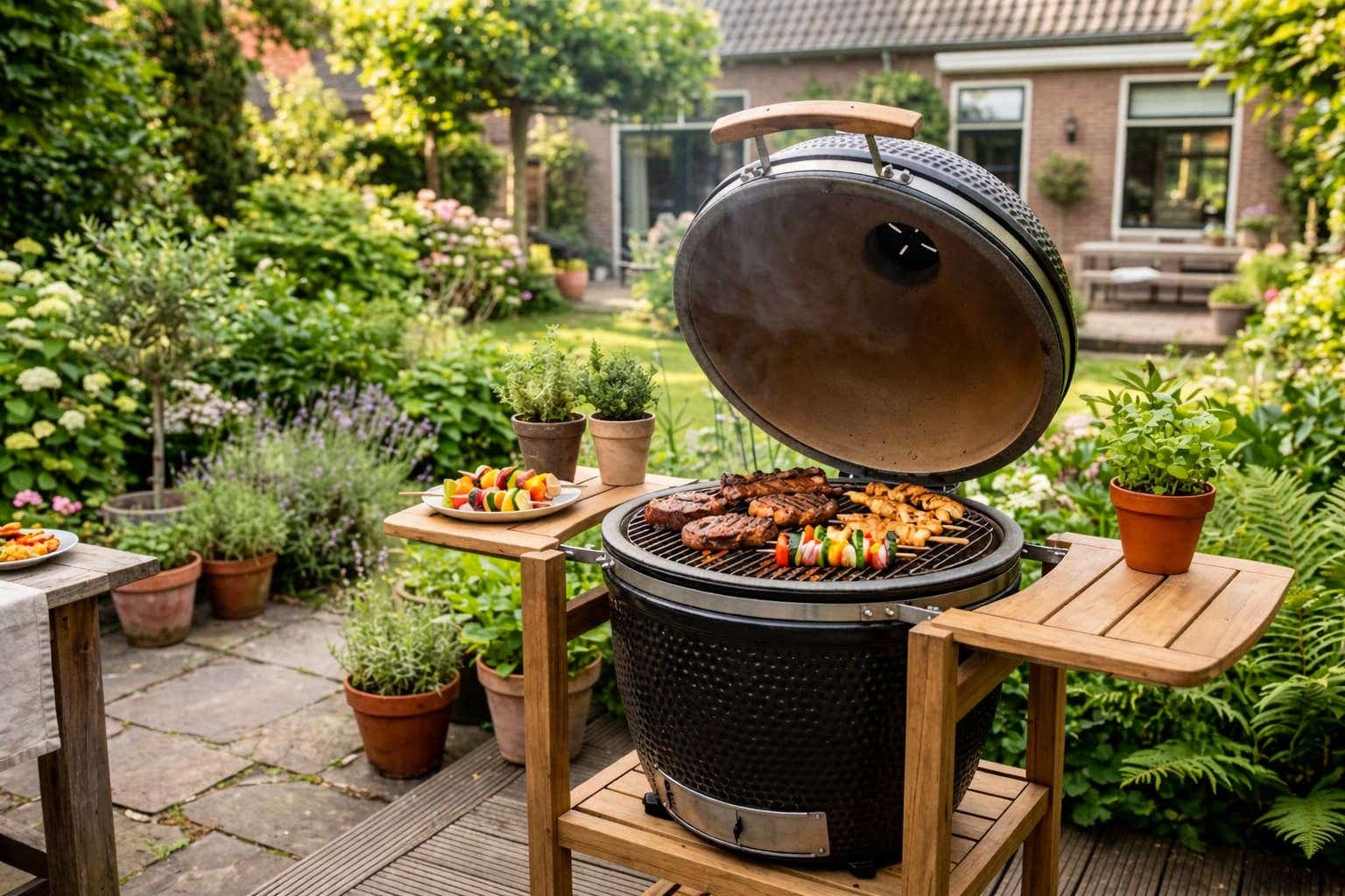 Kamado barbecue waarop vlees en groenten klaargemaakt worden