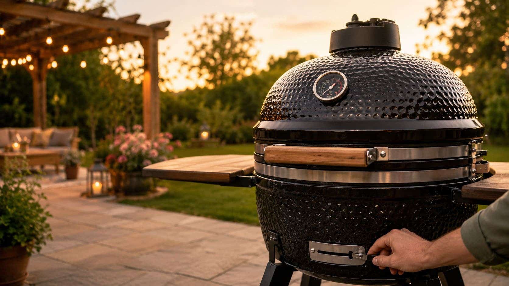 Kamado barbecue in sfeervolle tuin