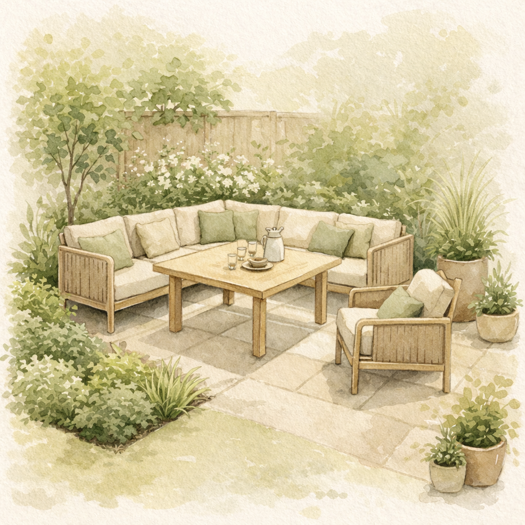 Sfeervolle kleine achtertuin met low diningset / lounge diningset