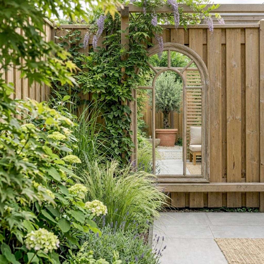 Tuin met tuinspiegel om de tuin optisch groter te maken
