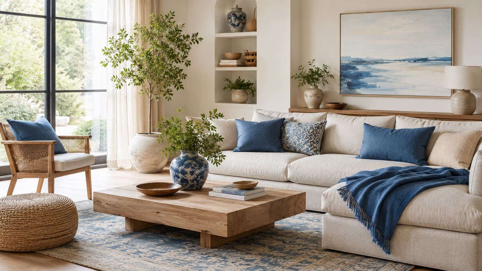 woonkamer met warme kleuren, zachte accessoires en natuurlijke materialen.