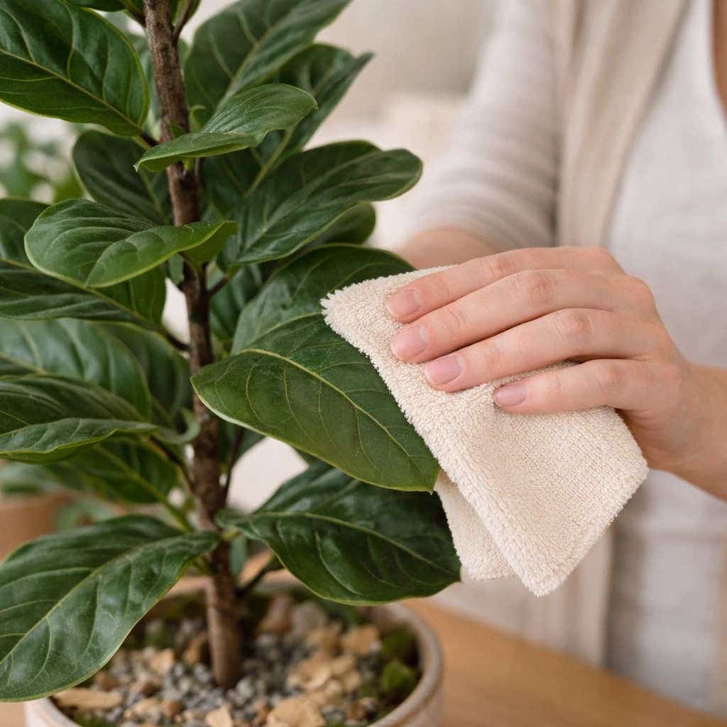 Persoon die een kunstplant afstoft met een droge doek