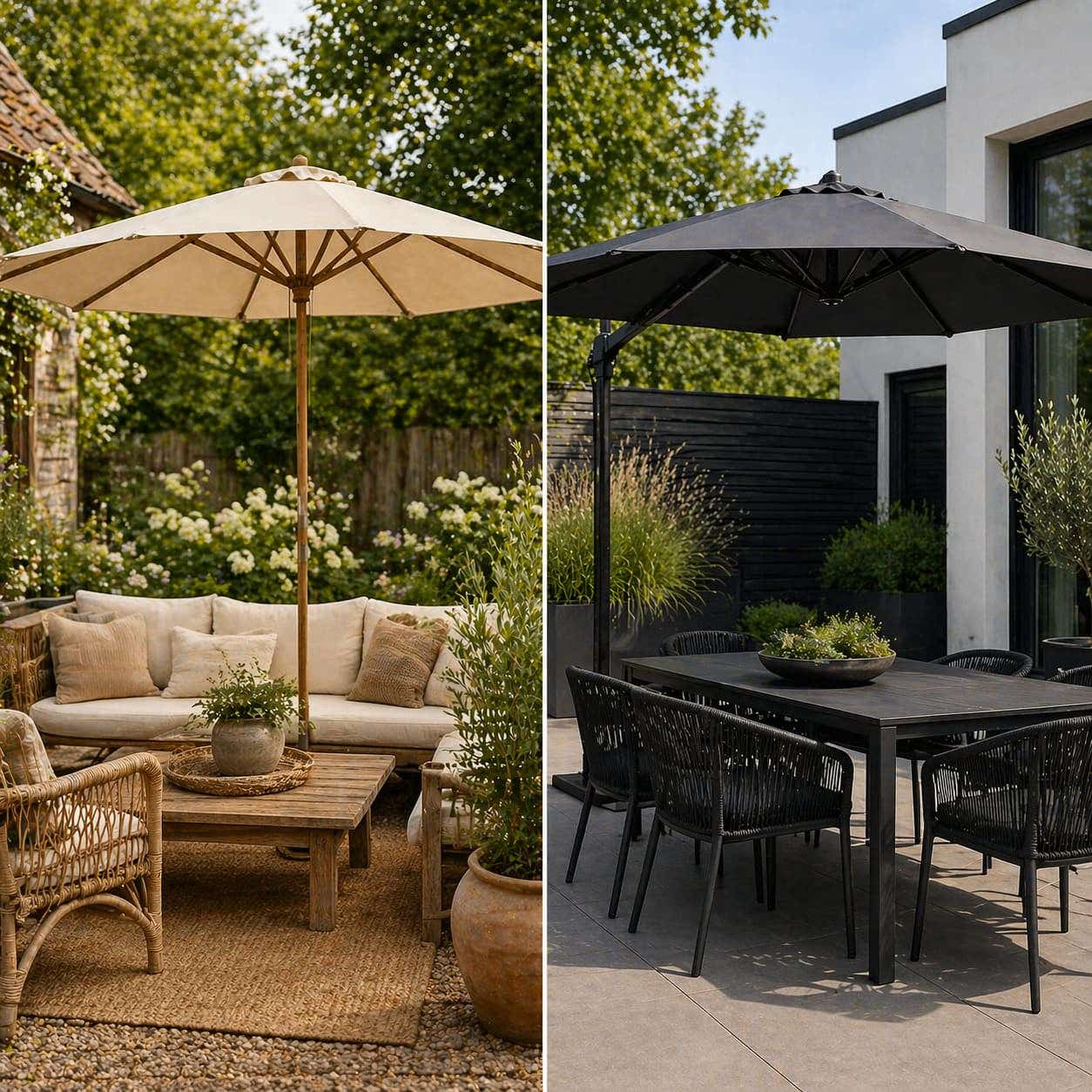 Lichte parasol versus donkere parasol in een tuin