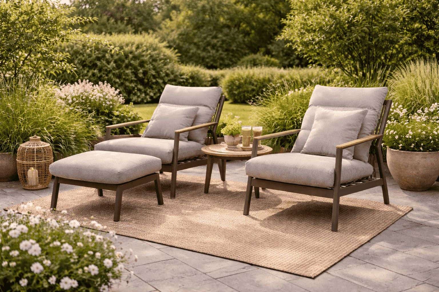 Loungestoel en loungestoel met hocker tuinopstelling