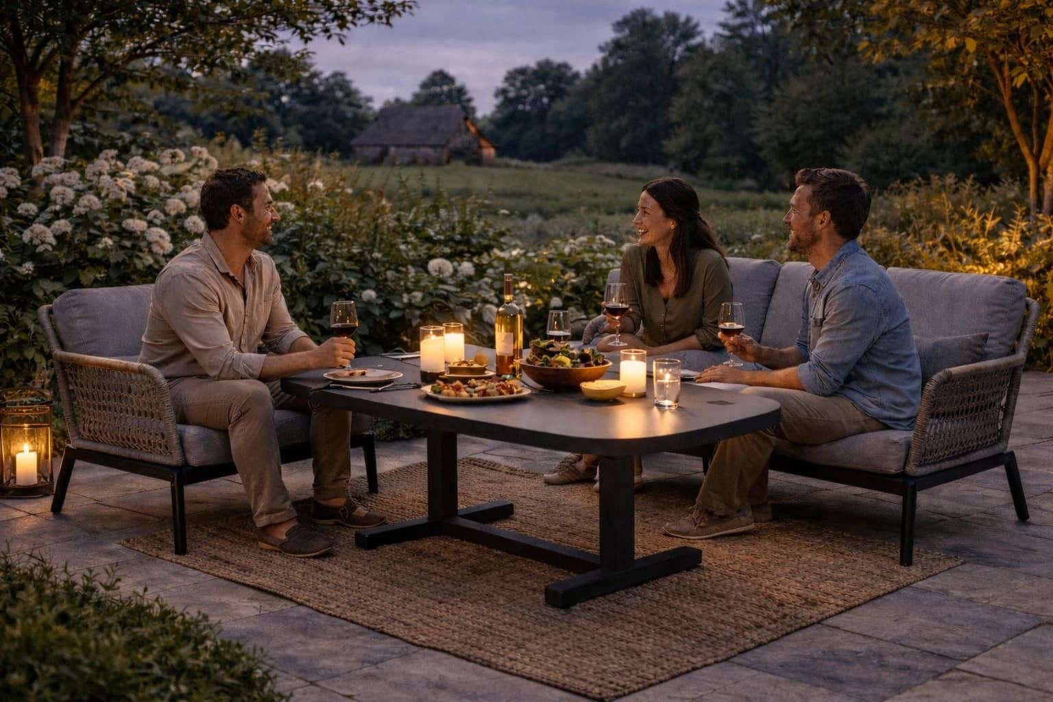 Borrelende mensen in de schemering aan een low dining tuinset