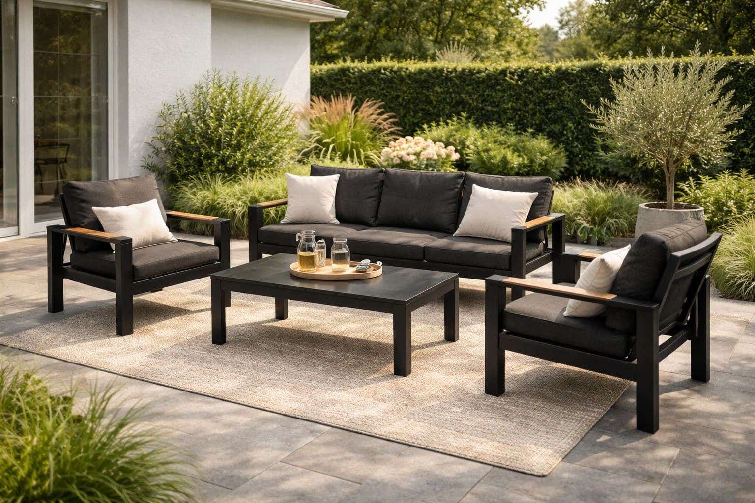 Moderne loungeset in sfeervolle achtertuin