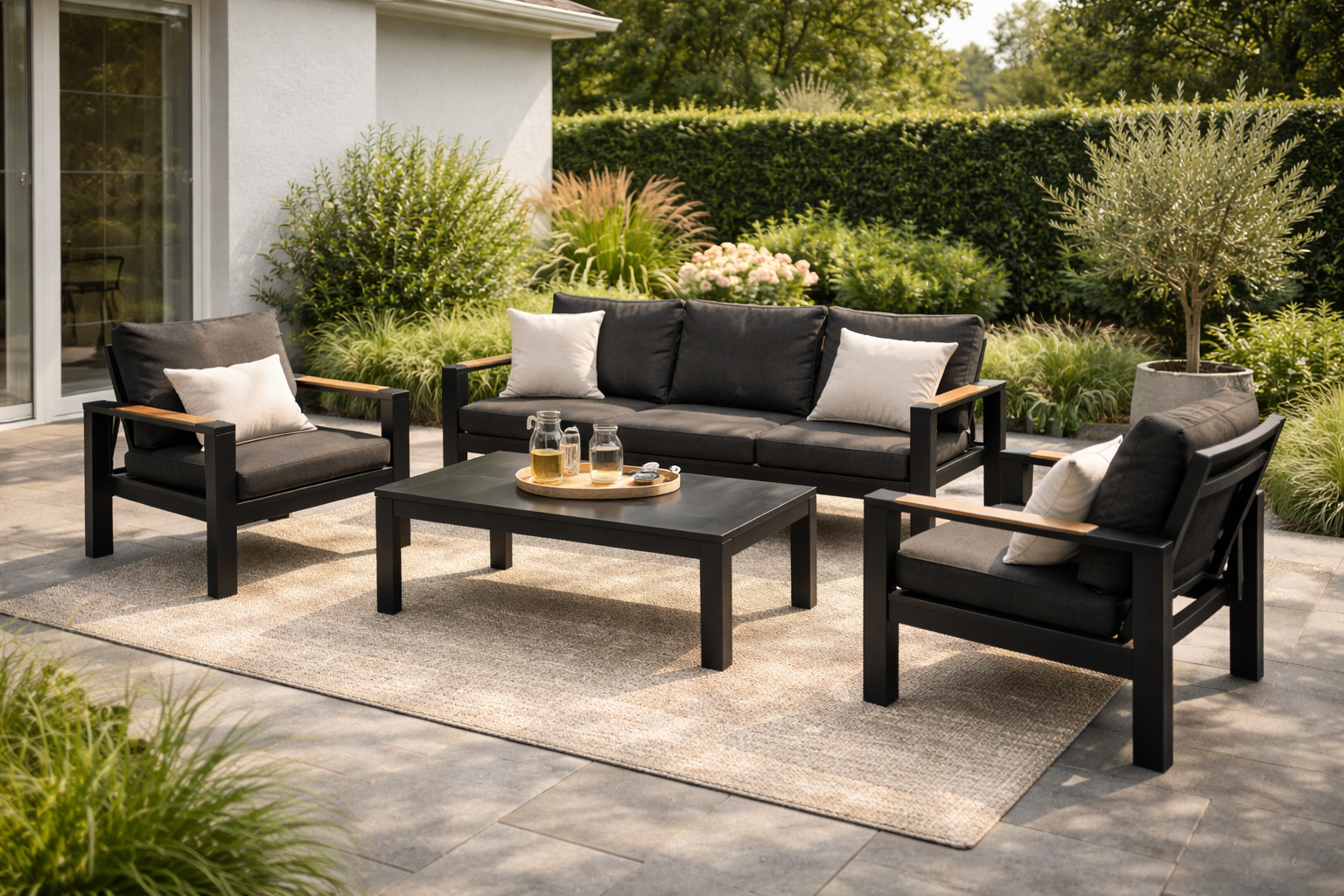 Moderne loungeset in sfeervolle achtertuin