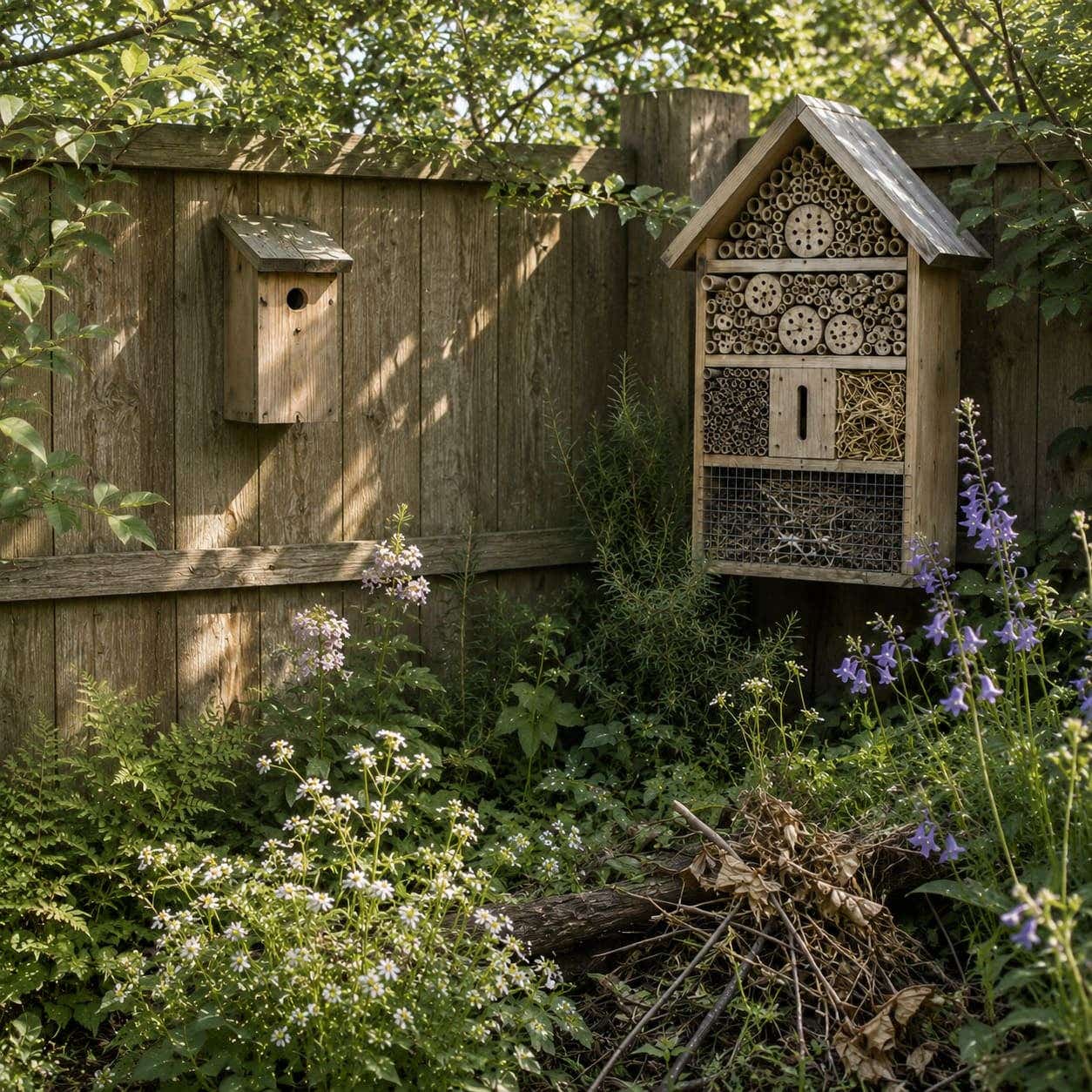 Insectenhotel en vogelhuisje in een tuin met beschutte hoek voor dieren