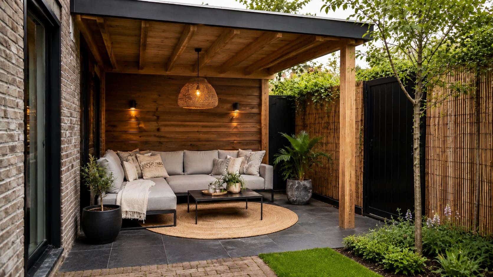 Sfeervolle indeling van een terrasoverkapping met loungehoek