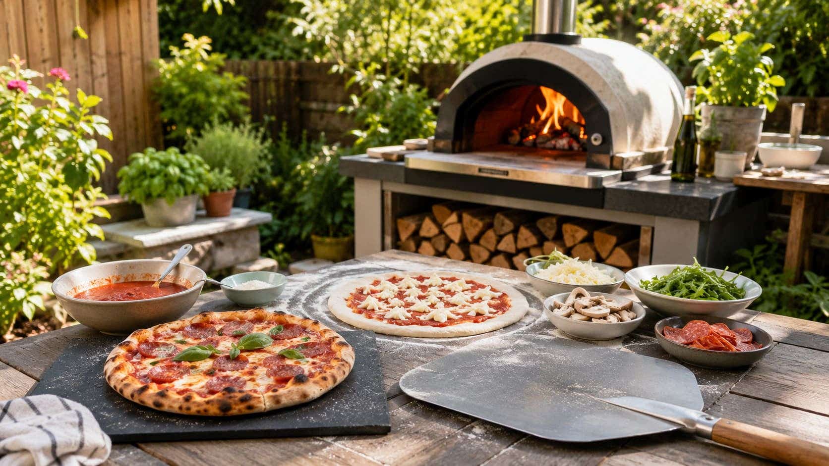 zelf pizza maken met pizzaoven en pizzaschep in de tuin
