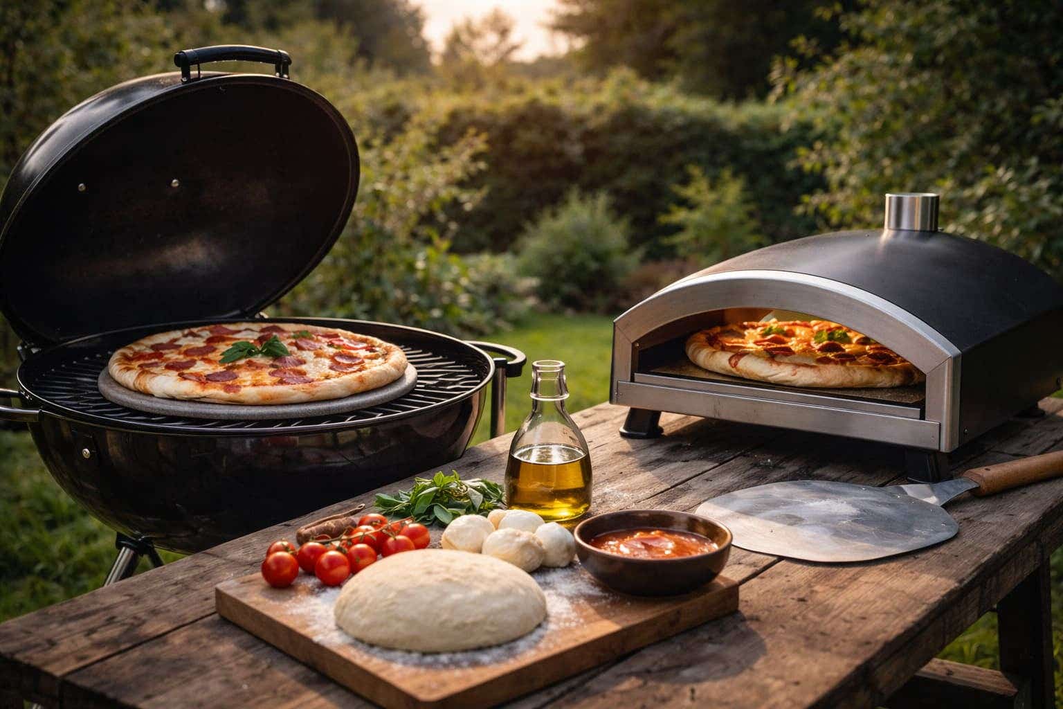Tuin met een pizzaoven en bbq met pizzasteen in gebruik